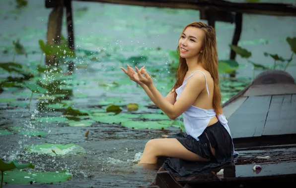 Wallpaper water, girl, nature, face, pose, makeup, Asian, sitting