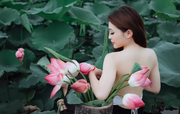 Leaves, girl, flowers, nature, back, Lotus, profile, pink