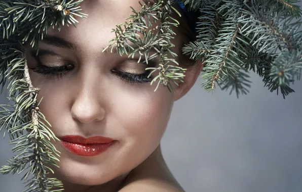 Girl, branches, face, background, new year, makeup, hairstyle, beauty