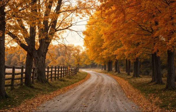 Road, autumn, forest, trees, branches, Park, posts, foliage