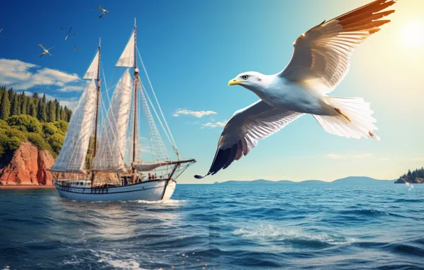 Sea, wave, the sky, flight, bird, ship, Seagull, sails