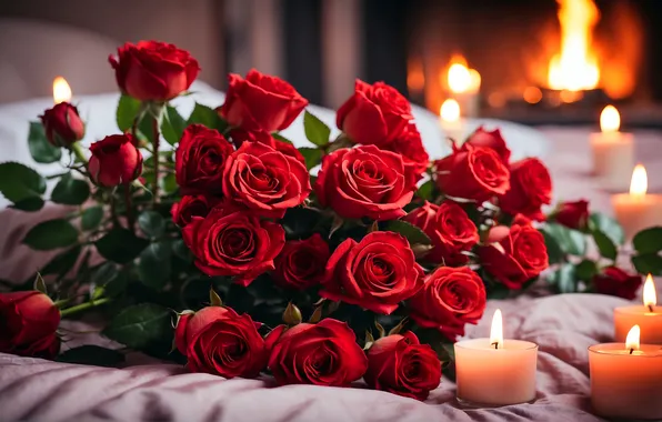 Flowers, holiday, roses, bouquet, candles, bed, red, March 8