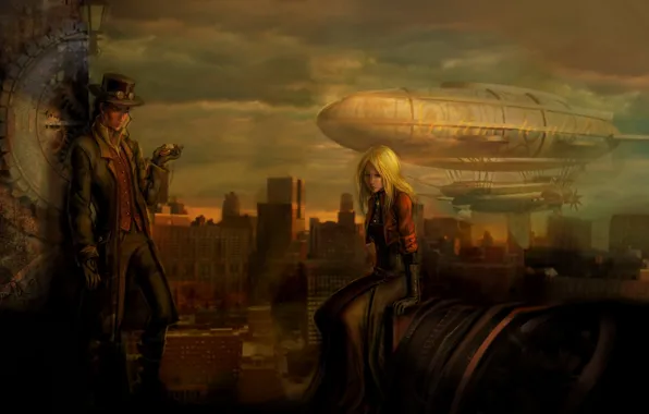 Roof, girl, the city, watch, hat, glasses, the airship, gear