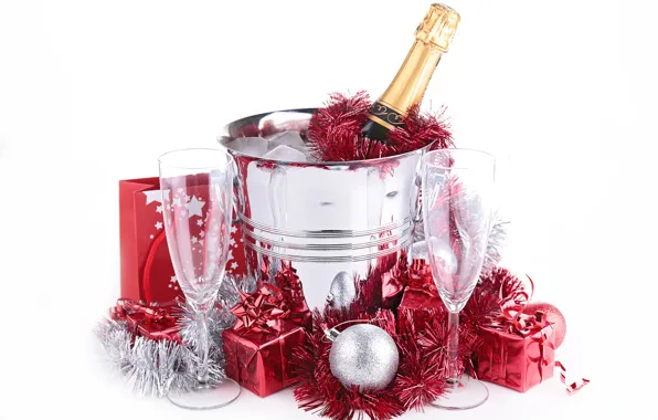 Picture gift, balls, glass, new year, bucket, champagne