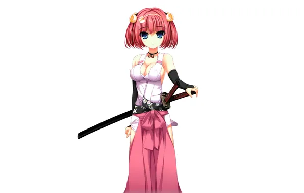 Picture chest, look, girl, weapons, surprise, katana, white background, art