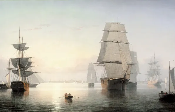 Dawn, boat, sailboat, ships, picture, port, Fitz Henry Lane, calm sea