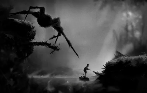 Fog, river, people, spider, black and white, video game, Limbo