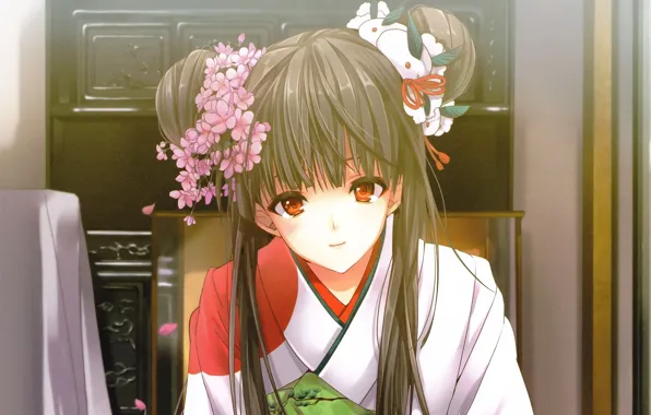 Picture hairstyle, girl, kimono, flowers in her hair, red eyes, bangs