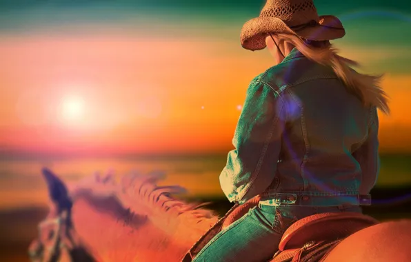 Girl, sunset, horse, horse, jeans, hat, cowboy, dzhinsovka