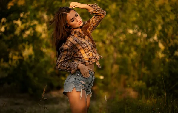 Picture girl, pose, shorts, hands, shirt, long hair, closed eyes, Dmitry Shulgin