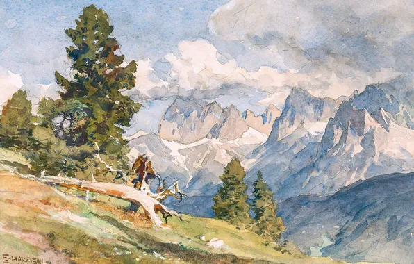 Mountains, Trees, Picture, German artist, Edward Harrison Compton, Edward Harrison Compton, Karwendel Mountain view on …