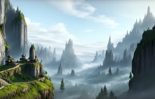 Fantasy, landscape, art, Village, mount, Stable Diffusion, neuronet, Ai art