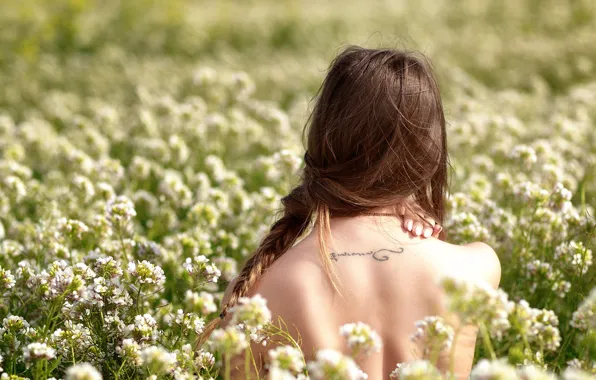 Field, girl, back, tattoo, Flora, Studio Hors-champ