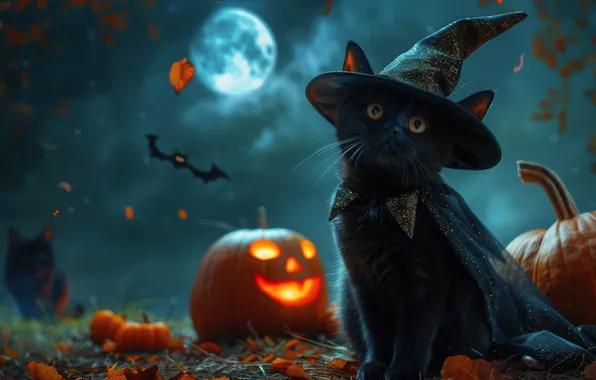 Cat, cat, night, pose, the moon, black, hat, outfit