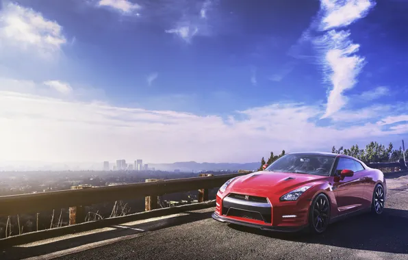 Picture the sky, horizon, red, Nissan, GT-R, megapolis