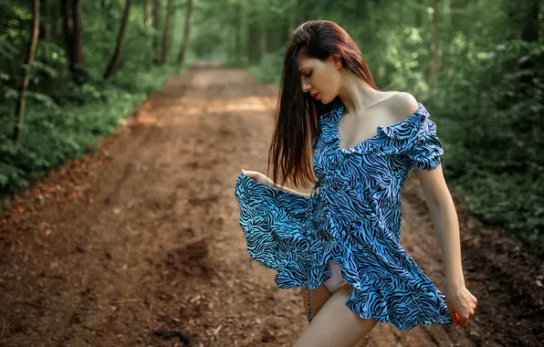 Road, forest, girl, pose, dress, long hair, nature, Sergey Bogatkov