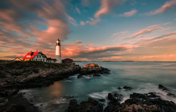 Picture landscape, sunset, nature, stones, shore, lighthouse, Portland, Bay