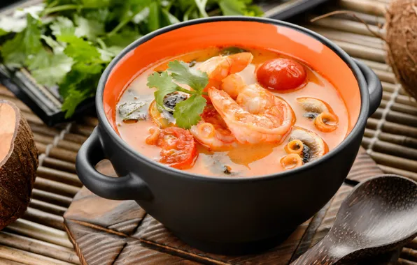 Soup, shrimp, bowl, tomatoes, tomato