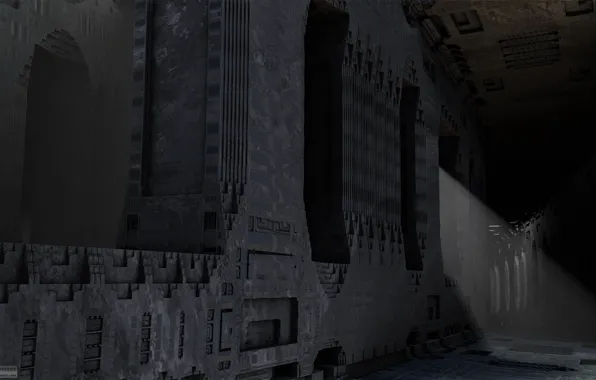 The darkness, wall, arch, arch, a beam of light, trough the ambulatory