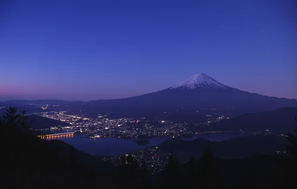 The sky, the city, lights, lake, mountain, the evening, Japan, Fuji