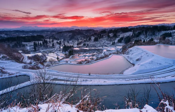 Winter, sunset, nature, valley