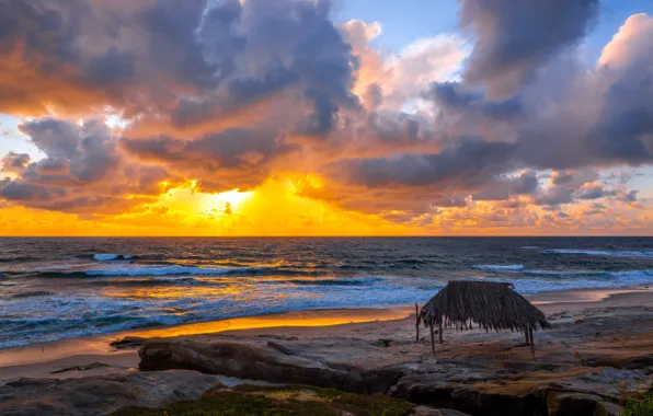 Sea, sunset, shore, the hut