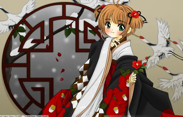 Snow, petals, kimono, window, two tails, cranes, Sakura - collector cards, Cardcaptor Sakura