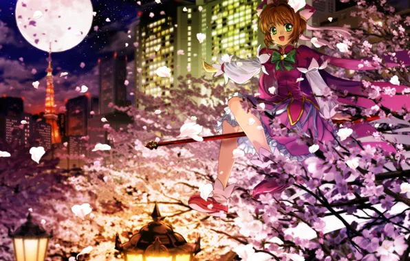 The sky, girl, stars, trees, the city, branch, the moon, tower