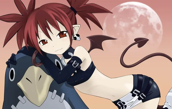 Girl, the moon, wings, the demon, tail, Etna, Disgaea