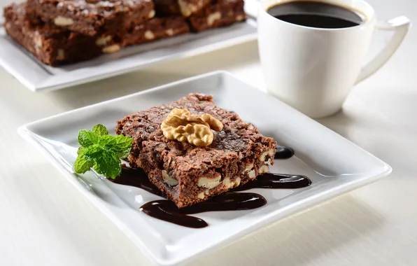 Coffee, chocolate, sweets, cake, nuts, mint