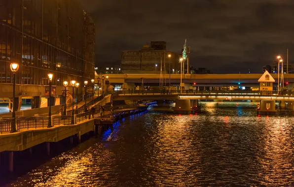 Night, bridge, river, home, lights, USA, promenade, Milwaukee