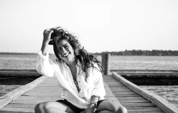 Picture pose, smile, the wind, hair, brunette, black and white, shirt, sitting
