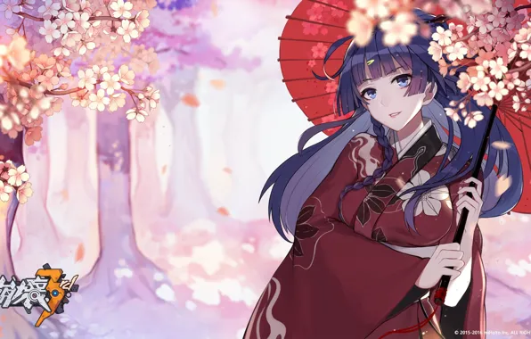 Girl, flowers, the game, spring, anime, Sakura, Honkai Impact 3rd