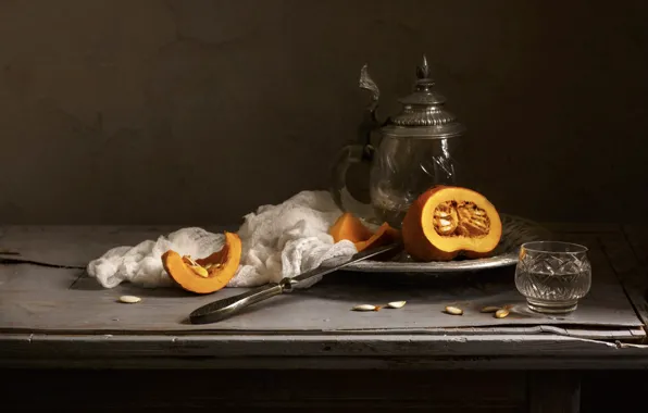 Glass, table, alcohol, knife, pumpkin, pitcher, still life, seeds