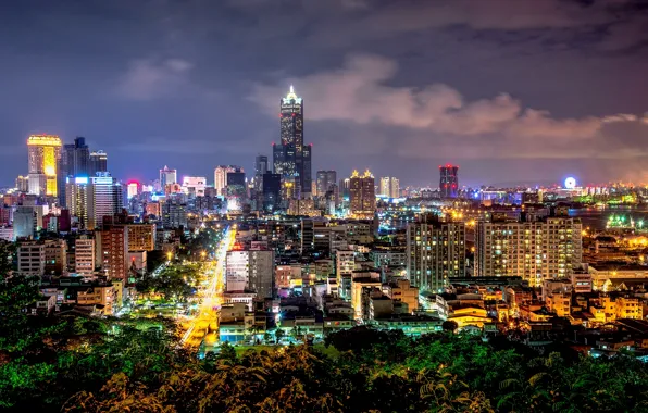 Picture road, night, the city, lights, building, home, skyscrapers, backlight