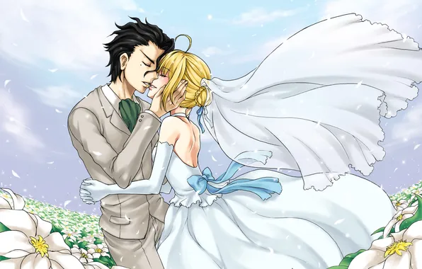 Anime, art, pair, Lancer, wedding, Saber, Fate/zero