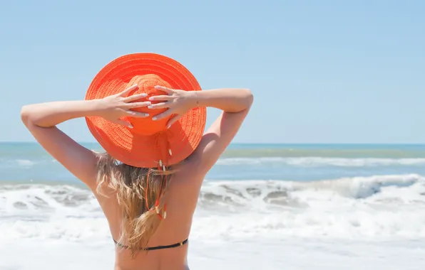 Picture sea, girl, blonde, surf, hat