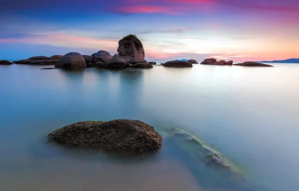 Sea, landscape, sunset, stones