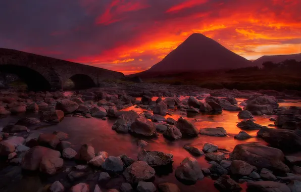 The sky, water, clouds, sunset, bridge, stones, mountain, glow