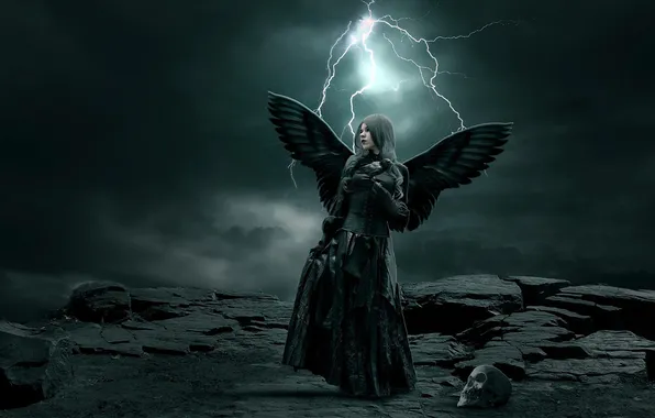 Picture GIRL, STONES, The SKY, WINGS, SKULL, CLOUDS, ANGEL, LIGHTNING