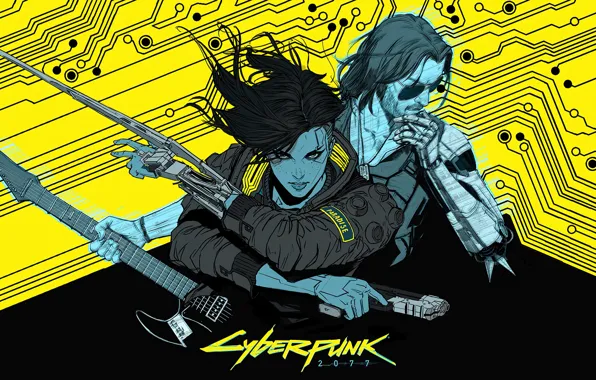 Gun, guitar, art, game, art, Cyberpunk 2077, Johnny Silverhand, Johnny Silverhand