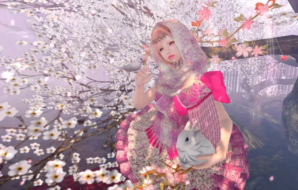 Girl, spring, rabbit