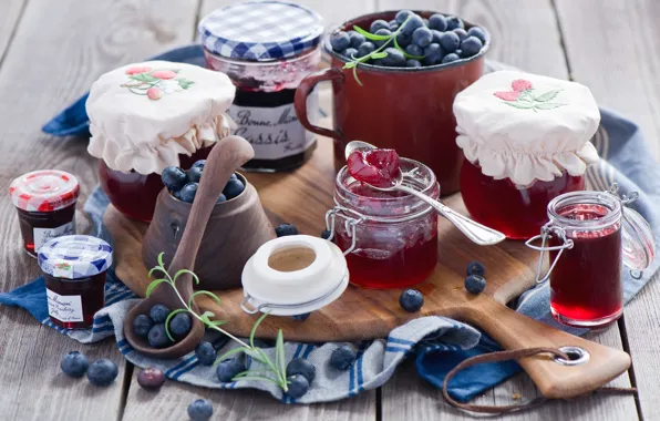 Berries, blueberries, jars, spoon, dishes, Board, banks, jam