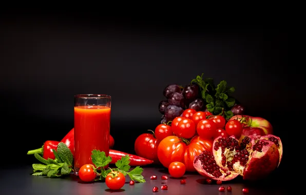 Glass, food, juice, grapes, pepper, tomatoes, garnet