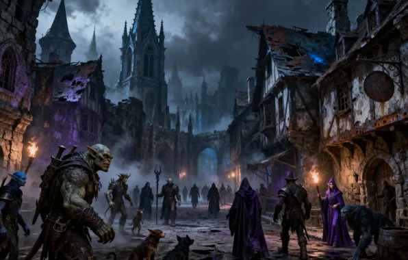 Night, the city, lights, fog, fantasy, gloomy, creatures