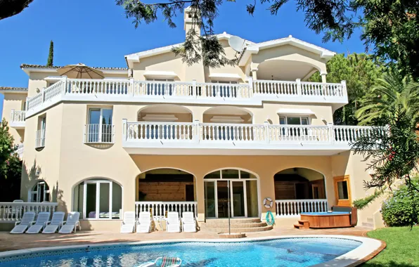 Villa, pool, architecture, mansion, facade, terrace
