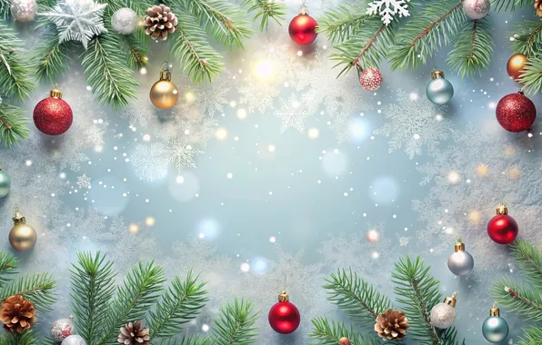 Winter, balls, light, snowflakes, branches, lights, glare, holiday