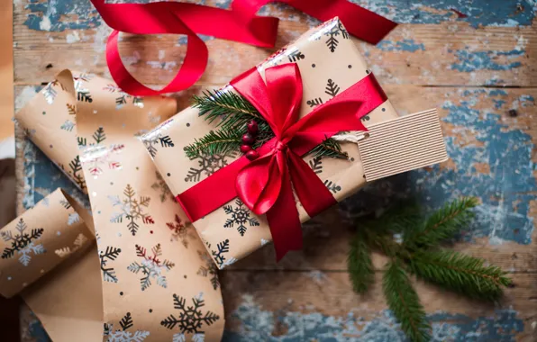 Box, gift, spruce, branch, tape