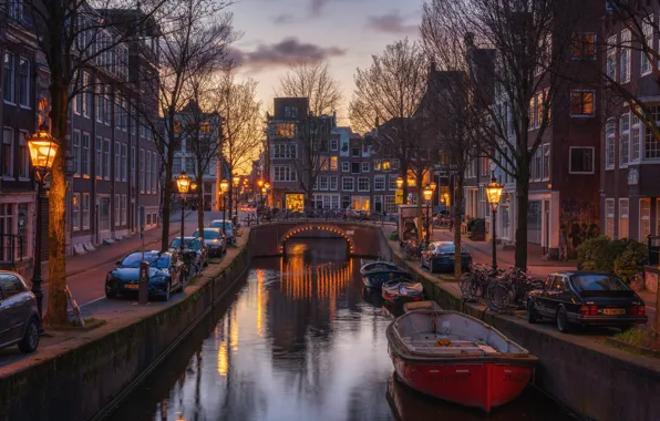 Picture machine, bridge, the city, building, home, boats, the evening, lighting