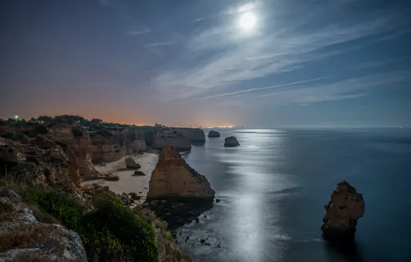 Sea, beach, stars, night, rocks, the moon